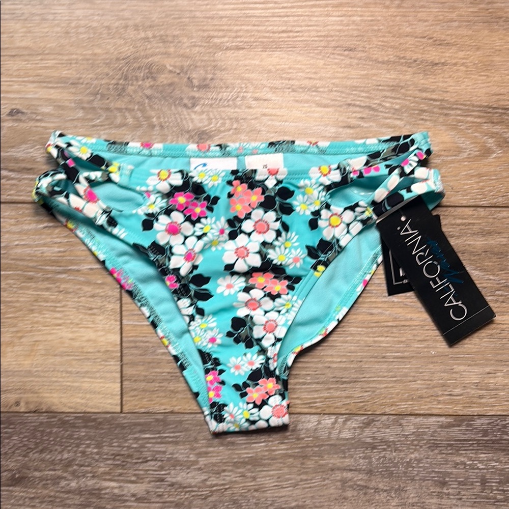 California Waves Floral Kids Bikini Bottom - Aqua and Multicolor
